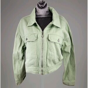 CiSono Jean Denim Green Zip Front Moto Jacket Button Pockets Womens Size L‎